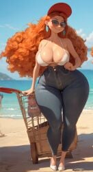 ai_generated beach big_ass big_breasts big_butt bikini cleavage clothing curly_hair ginger high_heels huge_ass huge_breasts inner_workings kate_(inner_workings) long_hair red_hair red_head smiling sunglasses thick_thighs tight_clothing wide_hips