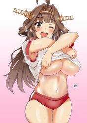 1girls ahoge aoi_manabu armpits ass_visible_through_thighs black_eyes breasts brown_hair buruma cowboy_shot eyebrows_visible_through_hair gradient_background gym_uniform headwear hi_res kantai_collection kongou_(kantai_collection) large_breasts lifted_by_self long_hair looking_at_viewer navel no_bra one_eye_closed open_mouth shirt_lift simple_background smile solo solo_female stomach sweat teeth tongue white_shirt