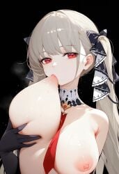 1girls ai_generated azur_lane big_breasts breast_sucking formidable_(azur_lane) hi_res long_hair nipples rainyshst red_eyes school school_uniform schoolgirl self_breast_sucking skirt sucking thick_thighs voluptuous white_hair