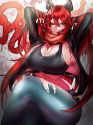 1girls absurd_res ahoge armpits arms_behind_head arms_up bangs black_jacket breasts cleavage female_only goddess_of_victory:_nikke graffiti hair_ornament horns huge_breasts jacket jeans light-skinned_female light_skin lipstick long_hair looking_at_viewer navel red_hair red_hood_(nikke) red_scarf scarf sports_bra torn_jeans torn_legwear zenatsu