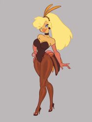 1girls animated anthro areolae avian bird blonde_hair blue_eyes breasts breasts_out choker don_bluth female female_only goldie_pheasant heels high_heels long_hair looking_at_viewer merkury nipples pantyhose ponytail rock-a-doodle solo suit walking
