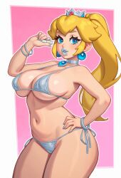 1girls 2024 bikini blonde_hair blue_eyes blue_lipstick blue_nails busty choker curvy_figure female female_only lipstick long_hair long_ponytail makeup mario_(series) metallic_clothing nail_polish nintendo ponytail princess_peach rizdraws silver_lipstick silver_nails simple_background solo source_request standing tied_hair