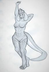 absurd_res anthro athletic breasts cybernetic_limb female genitals hair hi_res kariv pussy reptile scalie silvcos simple_background snake solo stretching thick_thighs tongue walking white_background