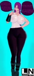 angry clueless funny futurama lewd_nite offscreen_character philip_j_fry pinup pointing_at_self simple_background sweaty_breasts tank_top text text_bubble tight_clothing tights transparent_clothing turanga_leela\r\nhyper_breasts\r\nbig_breasts