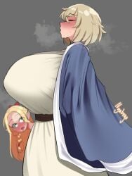 2girls alternate_breast_size blonde_hair breasts dungeon_meshi falin_touden female female_only guabeyo hips huge_breasts light-skinned_female light_skin long_hair marcille_donato multiple_girls nyabeyo short_hair solo_focus thick_thighs thighs wide_hips