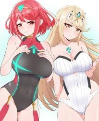 2girls absurdres bare_shoulders black_one-piece_swimsuit blonde_hair blue_background breasts circlet cleavage closed_mouth core_crystal cowboy_shot highres kamidan large_breasts long_hair looking_at_viewer medium_hair multiple_girls mythra one-piece_swimsuit polka_dot polka_dot_background pyra red_eyes red_hair smile strapless strapless_one-piece_swimsuit swept_bangs swimsuit very_long_hair white_one-piece_swimsuit xenoblade_chronicles_(series) xenoblade_chronicles_2 yellow_eyes