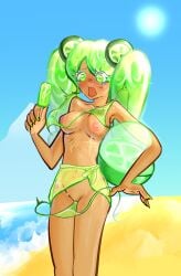 beach beach_ball bikini bikini_slip bikini_snap bikini_strings breasts coochie01061 coochie_01061 cookie01061 cookie_01061 cookie_run green_bikini green_eyes green_hair gyaru half_naked ice_cream lime_cookie popsicle semi_visible_pussy slipped tan_body tan_skin twintails white_eyelashes