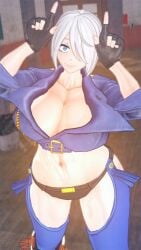 3d angel_(kof) big_breasts black_thong blue_eyes clothed gloves hands_on_head jacket kiminodonuts king_of_fighters koikatsu light_skin short_hair thick thick_thighs thighs thong white_hair