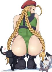 1girls absurdres ahoge antenna_hair ass bare_shoulders beret blonde_hair blue_eyes boots braid cammy_white chest_harness combat_boots commentary english_commentary feline female from_behind green_leotard harness hat heart highleg highleg_leotard highres huge_ahoge leotard long_hair looking_at_viewer looking_back median_furrow patreon_username playing_with_another's_hair red_beret shadow solo squatting street_fighter toned_female twin_braids very_long_hair white_background zeromomentai