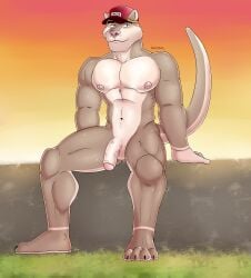 absurd_res anthro balls barefoot canid canine canis domestic_dog feet foreskin fur genitals hi_res humanoid_genitalia humanoid_penis lewismon male mammal manly muscular muscular_anthro muscular_male navel nipples nude outdoor_nudity outside pecs penis solo tail toes