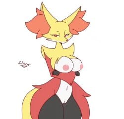 2024 animated breasts delphox female fox fur furry generation_6_pokemon gif looking_at_viewer nintendo non-human pokemon pokemon_(species) pussy red_eyes red_fur sheor tail vagina yellow_fur