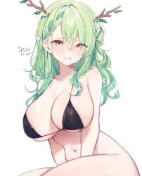 1girls big_breasts black_bra blush bra braid braided_hair breasts ceres_fauna female female_only flower flower_in_hair green_hair hololive hololive_english hololive_english_-council- hololive_english_-promise- horns large_breasts long_hair looking_at_viewer miyuchiq navel simple_background smile solo virtual_youtuber vtuber yellow_eyes