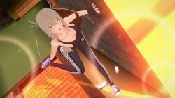 1girls 3d 3d_(artwork) adidas blonde_hair clothed clothing exercise_clothing female_only fingerless_gloves fit_female fully_clothed go!_go!_loser_ranger! hand_on_wall hisui_kanon kaoskatsu koikatsu leggings long_hair medium_breasts on_one_leg ranger_reject removing_shoes sentai_daishikkaku yellow_eyes yellow_hair