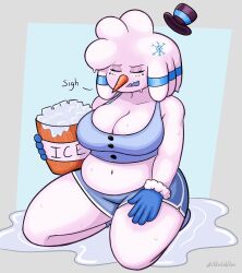 big_breasts chubby chubby_female flake_(sketchfins) ice_bucket melting on_knees sighing sketchfins snowwoman summer thick_thighs