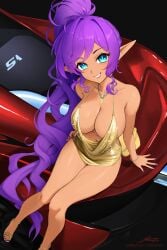 1girls big_breasts blue_eyes breasts cleavage clothing curvy dress female female_only gold_dress hair high_heels huge_breasts lips long_hair looking_at_viewer necklace pelvic_curtain pointy_ears purple_hair revenantart shantae shantae_(character) skimpy skimpy_dress smooth_skin solo solo_female thick_thighs thighs