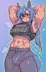 arknights armpit_hair armpits bare_midriff blue_hair bulge bulge_through_clothing caffichai catgirl cock_bulge fang_(arknights) futa_only futanari glasses happy_trail muscular pubic_hair solo sweatpants sweaty