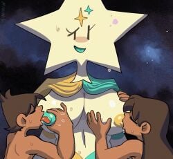 1boy 1girls animated anthro breast_sucking breastfeeding colored_nipples cosmic_background dark_skin double_breast_sucking double_lick gif heavy_breathing licking_nipples lilmoonie nipple_licking nipples star sweat