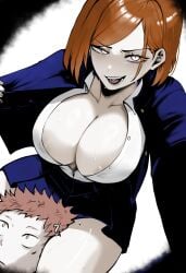 ajaycolor breasts cleavage color color_edit colored colored_hair colored_inner_hair colored_sketch colored_skin edit grin head_between_thighs itadori_yuuji jujutsu_kaisen kugisaki_nobara masoq095 monochrome open_shirt shonen_jump skirt sweat thighs