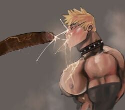 adaikki bara_tiddies bara_tits big_muscles black_penis blonde_hair blonde_male collar cum_on_chest cumshot gay gay_blowjob male male_only muscular muscular_male original_character pubic_hair pubic_hair_on_face