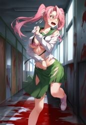 1girls ai_generated big_breasts blood blush breasts cleavage crying female female_only hallway highschool_of_the_dead legs light-skinned_female open_mouth pink_hair pink_shoes running saya_takagi scared school school_uniform schoolgirl schoolgirl_uniform sweat torn_clothes twintails underwear visible_underwear yellow_eyes