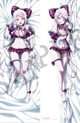 bare_belly bare_legs bare_thighs barefoot belly_button blush breasts dakimakura dakimakura_design feet long_hair maid_headdress nail_polish official_art open_mouth overlord_(maruyama) pale_skin panties panties_under_skirt red_eyes sample_watermark shalltear_bloodfallen skirt sliver_hair smile thighs toes tongue_visible vampire vampire_teeth