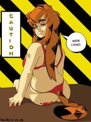 anthro big_butt bikini butt_tattoo cat_ears cat_girl cat_tail chubby chubby_female ear_piercing eyeshadow gaffy_(kolsan) garfield_(series) garfield_the_cat green_eyes kolsan long_hair long_hair_female orange_hair red_bikini red_nails rule_63 sitting sitting_on_desk