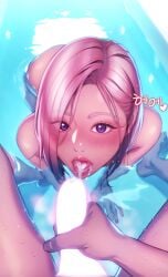 ass_visible_from_the_front bare_shoulders bathtub blush censored_penis cha_yuna cum_in_mouth full_color hyungjun_park lipstick love_limit_exceeded manhwa multicolored_hair naked on_all_fours open_mouth pornhwa purple_eyes short_hair water webtoon