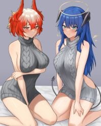 2024 2girls arknights bare_arms bare_shoulders blue_eyes blue_hair breasts fangsod fiammetta_(arknights) grey_sweater halo hi_res horns large_breasts long_hair looking_at_viewer meme_attire mostima_(arknights) multiple_girls pointy_hair red_eyes red_hair short_hair simple_background sitting sleeveless sleeveless_turtleneck sweater tail thighs turtleneck very_long_hair virgin_killer_sweater