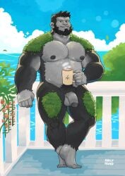 1boy absurdres adam's_apple against_fence ape bara beard body_fur cup facial_hair fence flaccid full_beard full_body furry furry_male gorilla_boy grey_fur hahasthund highres holding holding_cup large_pectorals looking_at_viewer male_focus male_pubic_hair muscular muscular_male nipples original outdoors pectorals penis pubic_hair short_hair smile solo standing strongman_waist thick_beard thick_neck thick_thighs thighs uncensored