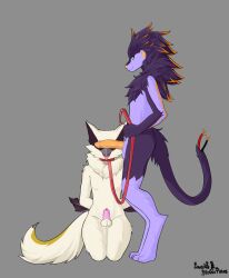 2024 absurd_res anthro balls bondage bondage bound cage caged canid canine duo erection eyebrows fur genitals hair hi_res kneeling leash male male/male mammal nude open_mouth penis purple_body purple_hair simple_background smile sonofan tail tongue tongue_out white_body white_fur