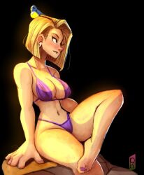 android_18 bikini bird blonde_hair bra dragon_ball panties purple_bra purple_panties tomphelippe