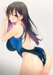 :q ass black_hair blue_one-piece_swimsuit colored_inner_hair commentary_request competition_swimsuit cum cum_on_ass cum_on_clothes female from_behind gradient_hair highleg highleg_swimsuit highres licking_lips long_hair multicolored_hair one-piece_swimsuit original pink_eyes pink_hair shu-ten standing sweat swimsuit tongue tongue_out