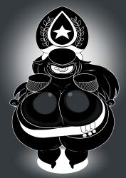 1_eye 1girls 2024 2d ass bbw big_ass big_breasts black_and_white black_body black_skin breasts breasts_bigger_than_head comrade_black de_blob eyelashes eyes female genderswap_(mtf) glistening glistening_body gray_background hair hat high-angle_view huge_thighs hyper hyper_breasts ink inky_(species) long_hair looking_at_viewer medal medallion medals mrmadmoai_(artist) one_eye rule_63 shortstack solo star stripes tagme thick_thighs wide_hips