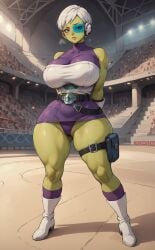 ai_generated arena arms_behind_back belt boots cheelai clothed colored_skin dragon_ball dragon_ball_super gloves green-tinted_eyewear green_skin huge_breasts huge_hips large_ass large_breasts legs_apart panties scouter standing thick_thighs tinted_eyewear white_hair xheceox