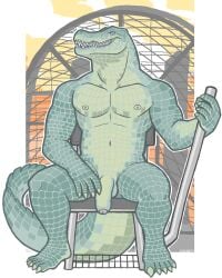 4:5 absurd_res alligator alligatorid anthro balls biceps casual_nudity crocodilian feet flaccid foreskin genitals green_body hi_res humanoid_genitalia humanoid_hands humanoid_penis looking_at_viewer male manly muscular muscular_anthro muscular_male navel nipples nude outdoor_nudity outside pecs penis reptile scalie snarkysardine solo tail teeth toes