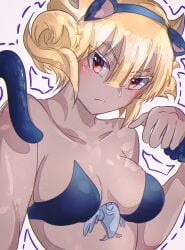 blonde_hair blush cat_ears cat_tail catgirl dark-skinned_female dark_skin fake_animal_ears female female_only looking_at_viewer made_in_abyss medium_breasts red_eyes serious_look short_hair solo srajo upper_body