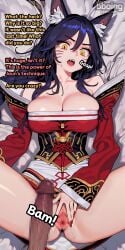 ahri ai_generated bboing_ai big_breasts black_hair braided_hair breast_press breast_squeeze caption cleavage fox_ears fox_girl fox_tail imminent_sex league_of_legends league_of_legends:_wild_rift looking_at_another mosaic_censoring penis pussy shaded_face slit_pupils spread_legs spread_pussy text uncensored yellow_eyes