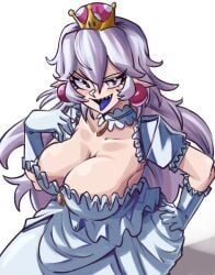 1girls bangs big_breasts blue_tongue boo_(mario) boosette cleavage dress earrings eyelashes female female_only gloves looking_up mario_(series) moxydrawsmore nintendo pointy_ears purple_tongue sharp_teeth solo super_crown tongue_out very_long_hair white_dress white_hair