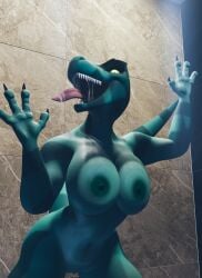 3d_(artwork) abs absurd_res against_surface aggressive anthro areola aroused bared_teeth big_breasts blender_(artwork) bodily_fluids breast_squish breasts breasts_on_glass claws criminallyjurassic determined digital_media_(artwork) dinosaur extinct fang_(primal) female female_focus genitals glowing glowing_eyes green_body hi_res leaning leaning_forward licking licking_window long_tongue looking_at_viewer navel nipples non-mammal_breasts non_mammal_nipples nude nude_female on_glass prehistoric_species pressing_against primal_(series) pussy reptile saliva saliva_on_tongue saliva_string scalie sharp_teeth solo squish teeth tongue tongue_out