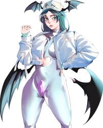 animal_print baseball_cap bat_wings bodysuit breasts cameltoe clothing clothing_cutout darkstalkers demon_girl demon_wings female female female_only green_eyes green_hair green_nails hand_on_hip hat head_wings headwear heart_cutout jacket jobin_chan long_hair long_sleeves looking_at_viewer low_wings medium_breasts morrigan_aensland parted_lips simple_background skin_tight smile solo succubus vampire_(game) white_background white_headwear white_jacket wings