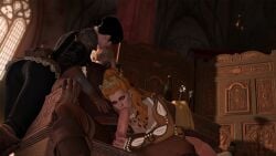 2girls anna_henrietta aquenthm ass big_penis black_hair blonde_hair blowjob crown fellatio female geralt_of_rivia kissing kissing light-skinned_female light-skinned_male looking_at_viewer male penis sucking_penis syanna testicle_grab the_witcher_(series) the_witcher_3:_wild_hunt white_hair