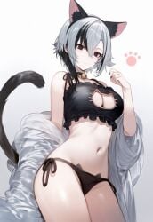 ai_generated arlecchino_(genshin_impact) big_breasts black_hair breasts cat_ears cat_tail female genshin_impact looking_at_viewer navel setsumanga tail two_tone_hair white_hair