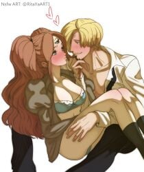 1boy 1girls ass blonde_hair blue_eyes blush bra breasts brown_hair charlotte_pudding cleavage couple curly_eyebrows facial_hair female full-face_blush heart large_breasts long_hair male one_piece open_clothes open_shirt pants ritayaart1 short_hair sitting socks straight thighs third_eye underwear undressing vinsmoke_sanji