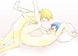 2boys anal arm armpits arms artist_request ass bare_shoulders barefoot bed bed_sheet blonde_hair blue_eyes blue_hair breath clenched_teeth eye_contact gay hand_over_mouth kagamine_len kaito_(vocaloid) kneeling leg_grab legs looking_at_another lying male moaning multiple_males nude on_back open_mouth pillow sex short_hair vocaloid yaoi