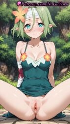 1girls ai_generated anime anime_style anus aqua_eyes asshole bandaged_arm bandaged_head bandages bare_shoulders blue_eyes blush breasts bush bust busty cleavage closed_mouth clothes_lift collarbone dress dress_lift elf elf_ears female female_focus female_only flower forest green_dress green_eyes green_hair hair_between_eyes hair_flower hair_ornament headband hentai kono_subarashii_sekai_ni_shukufuku_wo! labia labia_majora looking_at_viewer medium_breasts natsuyoru nature no_panties outdoors paipan pointed_ears pointy_ears pussy pussy_juice pussy_juice_puddle pussy_lips pussy_peek shaved_vagina short_hair sitting sleeveless sleeveless_dress solo solo_female spaghetti_strap spread_legs tranquility_girl tree uncensored vagina voluptuous voluptuous_female vulva white_headband