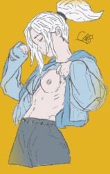 areolae blue_eyes breasts casn cropped_jacket exposed_breasts female functionally_nude hairband jett_(valorant) lifting_shirt line_art monotone_background nipples orange_background revealing riot_games self_upload shorts showing_breasts simple_background simple_shading sketch small_boobs small_breasts valorant white_hair