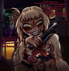 1futa aged_up alien alien_girl alley alleyway background background_character balls bent_over big_breasts blonde_hair blood blood_on_face blood_splatter blood_stain bloody_clothes bloody_knife boku_no_hero_academia bottomless breasts clothed clothing dialog dialogue erection fangs female_only futa_focus futa_only futanari glowing glowing_eyes hair_bun hair_buns hero_outfit_(mha) himiko_toga huge_cock human humanoid_penis intersex knife knifepoint leaning_forward light-skinned_futanari light_skin looking_at_viewer mistyy_dark_story_(artist) mostly_clothed my_hero_academia penis peril pink_eyes pov pov_eye_contact sall_(mistyy) school_uniform sharp_teeth smile smiling smiling_at_viewer solo solo_focus talking_to_viewer text threatening threatening_viewer threatening_with_weapon toga_himiko yandere yellow_eyes