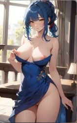 ai_generated bennia_orcus big_breasts big_nipples blue_dress blue_hair blush breasts_exposed choker curled_hair exposing_breasts fancy_dress fuck_me_eyes hair_tied_back high_school_dxd horny horny_female pantyless ponytail pulling_down_dress pussy_peek short_dress thick_thighs yellow_eyes