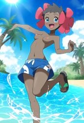 ai_generated beach breasts phoebe_(pokemon) pokemon smile swim_trunks topless