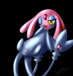 barefoot female female_only feral flying forehead_jewel grey_skin mesprit multiple_tails open_mouth pink_skin pokemon pussy solo tagme tail wink yellow_eyes zyleyz